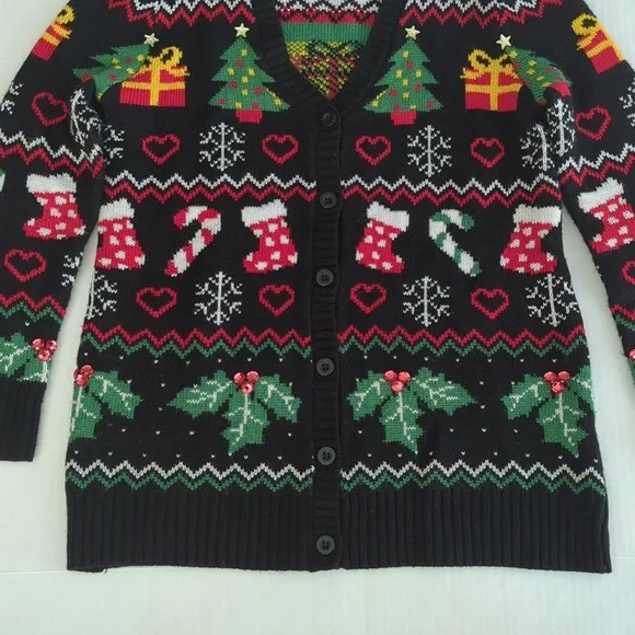 Absolutely Famous Button Up Acrylic Cardigan Christmas Sweater MEDIUM Black Red - Picture 8 of 16